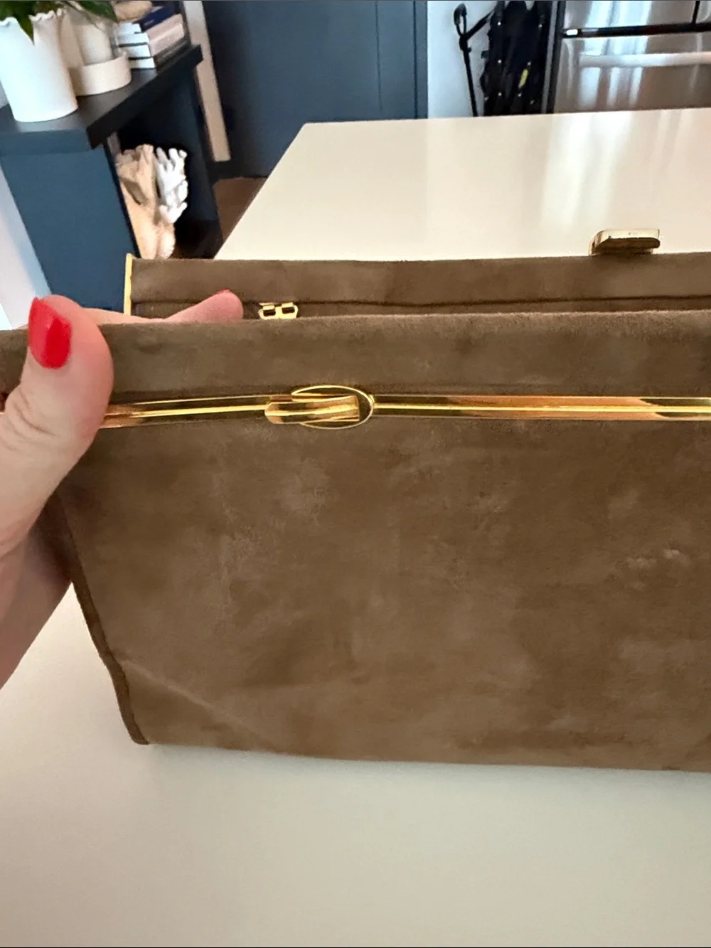 Brown Suede Clutch with Gold Accent